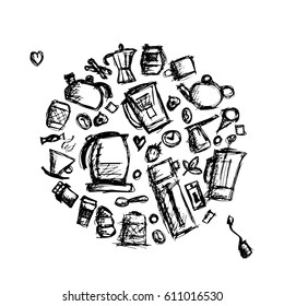 Kitchen utensils, sketch drawing for your design