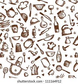 Kitchen utensils sketch, seamless pattern