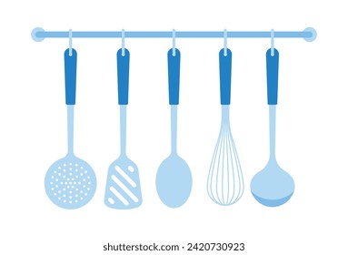 Kitchen Utensils - slotted spoon, spatula, spoon, whisk, ladle.. Steel cooking utensil set on a kitchen rail. Culinary concept. Minimalist flat illustration, isolated on white