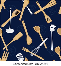 Kitchen utensils and snail conchs on dark blue vector background