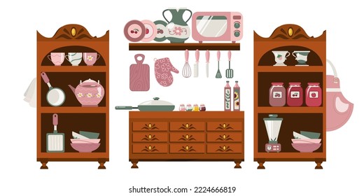 Cocina y utensilios de cocina en conjunto vectorial de tonos rosas suaves. Ilustración de dibujos animados de cocina rosa y equipamiento con vajilla y vajilla aislada de fondo blanco. Mobiliario, concepto doméstico