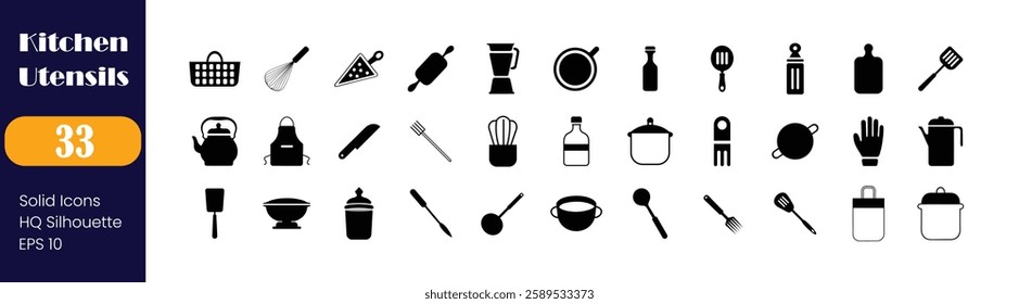 Kitchen Utensils Solid Icons Set. Commonly used Kitchen Utensils silhouette vector illustration.	