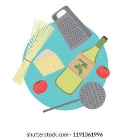  Kitchen utensils: spaghetti, tomatoes, cheese, olive oil, grater, skimmer on a blue background. The ingredients for a recipe of pasta. Vector illustration in flat design.