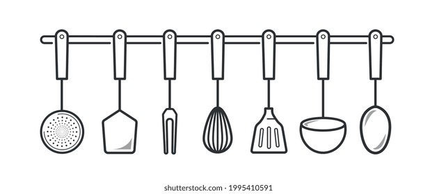 Kitchen utensils of spatula, spoon, fork, slotted spoon and other cutlery