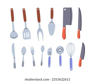 Kitchen utensils. Kitchen spoon, knife, fork, cooking whisk, pizza cutter, confectionery spatula, knife, barbecue fork, kitchen spatula, ladle.