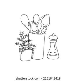 Kitchen utensils - spoons, peppermint and flower pot. Vector hand drawn line sketch.