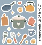 Kitchen utensils stickers set pastel flat illustration on blue gray background. Minimal cooking icon collection with pot, frying pan, kettle, spoon, whisk, spatula, cutting board, oven mitt, mug, and lemon slices for recipe, kitchen, printable, app, and clipart design.