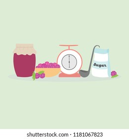 Kitchen utensils: sugar, kitchen scales, ladle, raspberry, plate with berries. Ingredients for jam recipe. Vector illustration in flat design.