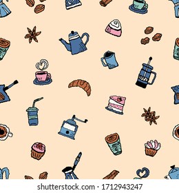 Kitchen utensils and sweets seamless pattern. Cute fabric design. Teapots, Turk, coffee grinder, Cup and saucer, croissant, cupcake, cinnamon, made in the style of Doodle.