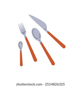 Utensilios de cocina para mesa. Cubiertos, herramientas para comer. Vajilla de metal con mango de madera: cuchara, cuchillo, tenedor, cucharadita. Utensilios de cocina, cubiertos. Ilustración vectorial aislada plana en blanco