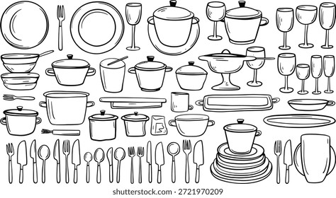 Küchenutensilien und Geschirr Outline Vektorsatz, Teller, Besteck, Töpfe, Glaswaren Illustration