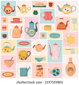 Utensilios de cocina para la fiesta de té conjunto ilustración vectorial. Caricatura Vidrio lindo de color y vajilla de cerámica con diferentes patrones, vajilla para la ceremonia del té y desayuno con fondo geométrico de color