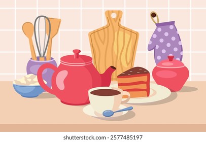 Kitchen utensils, teapot, cake slice, and cup of tea on a countertop. Wooden cutting board and polka-dot oven mitt against tiled wall. Cozy kitchen concept. Vector illustration