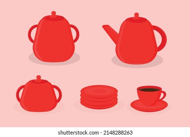 kitchen utensils teapot sugar bowl saucer and cup red colour