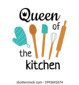 Kitchen utensils with text. Whisk, spatula, rolling pin and spoon. Vector illustration of kitchen utensils. Perfect for kitchen design