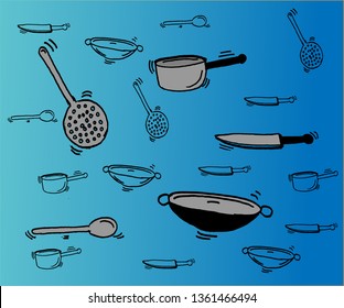 kitchen utensils that are pictured by hand. knives, pans, frying pans and silk - Vector