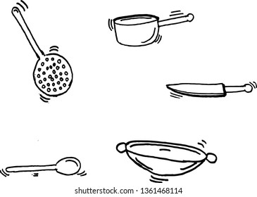 kitchen utensils that are pictured by hand. knives, pans, frying pans and silk - Vector