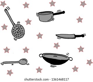 kitchen utensils that are pictured by hand. knives, pans, frying pans and silk - Vector
