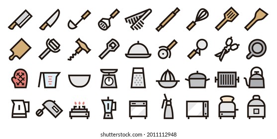 Kitchen Utensils and Tool Icon Set (Bold outline Color version)