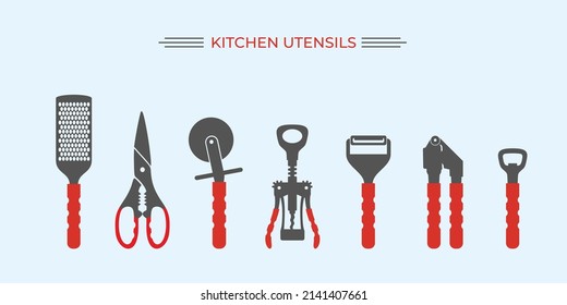 Kitchen utensils tool isolated vector set. Kitchen cutlery. Сooking. Kitchenware. Cook on kitchen. Household. Kitchen variety equipment. Homemade meals. Color flat vector illustration.