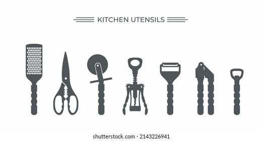 Kitchen utensils tool isolated vector set. SVG. Silhouette. Kitchen cutlery. Kitchenware. Cook on kitchen.  Household. Kitchen variety equipment. Homemade meals. Color flat vector illustration.