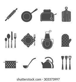 Kitchen utensils tools and accessories icons set with cutting board and apron black abstract isolated vector illustration