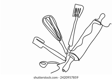 Kitchen utensils tools  continuous one line cartoon doodle hand drawn isolated on a white background, suitable for dining, cooking, and restaurant settings