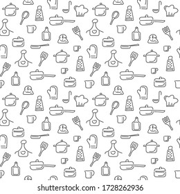 Kitchen utensils and tools to cook. Vector seamless pattern. Background in the Doodle style