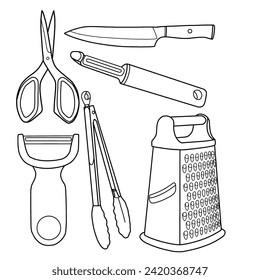 Kitchen utensils, tools, equipment for cooking. Kitchenware set. Chef knife, grater, peeler, tong, kitchen scissors, whisk. Flat vector illustrations of cookware kitchen utensils objects.