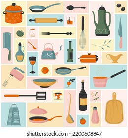 Kitchen utensils, tools and equipment set vector illustration. Cartoon chefs kitchenware collection with whisk pot pan ladle plate spoon knife fork frypan teapot in geometric collage background