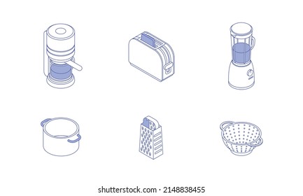 Kitchen utensils, tools set, household appliances. Isometric vector illustration in flat design. Outline, linear style, line art. Meal preparation. Toaster, mixer, blender, coffee machine.