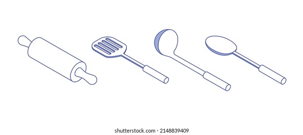 Kitchen utensils, tools set, household appliances. Isometric vector illustration in flat design. Outline, linear style, line art. Meal preparation.