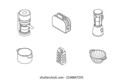 Kitchen utensils, tools set, household appliances. Isometric vector illustration in flat design. Outline, linear style, line art. Meal preparation. Toaster, mixer, blender, coffee machine.