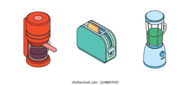 Kitchen utensils, tools set, household appliances. Isometric vector illustration in flat design. Outline, linear style, line art. Meal preparation. Toaster, mixer, blender, coffee machine.