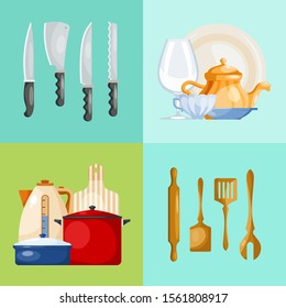 Kitchen utensils and tools web banner vector illustration. Kitchenware for cooking food from glass, porcelain and enamelware. Cartoon style utensil set of cards.