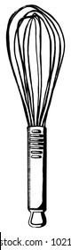 Kitchen utensils and tools. Wire whisk single isolated black line drawing. Simple, easy, uncomplicated, practical. Chef or restaurant menu use.
