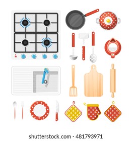  Kitchen utensils top view icons set with cooker fork and knife flat isolated vector illustration 