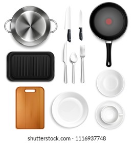 Kitchen utensils top view realistic set with isolated images of modern style flatware on blank background vector illustration