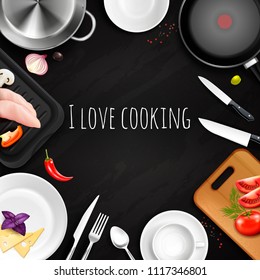 Kitchen utensils top view realistic background composition of chalkboard text and plates flatware and ripe food vector illustration