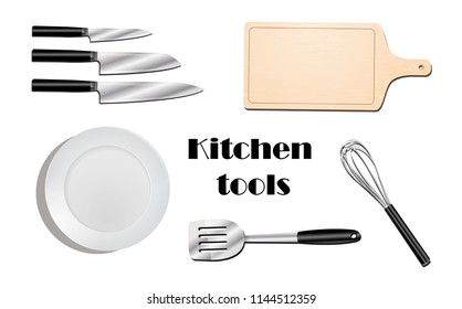 Kitchen utensils top view realistic set with isolated images of modern style flatware on blank background vector illustration