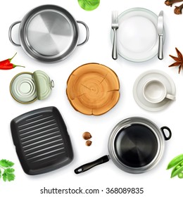 Kitchen utensils, top view vector object