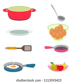 Kitchen utensils, vase, eggs, fruit