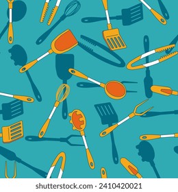 Kitchen utensils vector cartoon seamless pattern background for wallpaper, wrapping, packing, and backdrop.