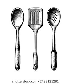 Kitchen utensils. Vector hand drawn rustic wooden kitchenware set of spoon, dotted spoon and spatula. Elements for your logo, advertisement, menu, cafe, banner or flyers. 