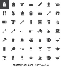 Kitchen utensils vector icons set, modern solid symbol collection, filled style pictogram pack. Signs, logo illustration. Set includes icons as Cheese grater, Cutting board, food strainer, Cutlery