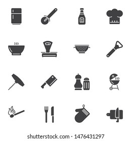 Kitchen utensils vector icons set, modern solid symbol collection, filled style pictogram pack. Signs, logo illustration. Set includes icons as cook hat, fork and knife cutlery, fridge, grill, scales