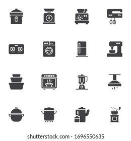Kitchen utensils vector icons set, modern solid symbol collection, Kitchenware filled style pictogram pack. Signs, logo illustration. Set includes icons as toaster, electric mixer, blender, fridge