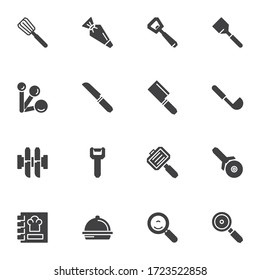 Kitchen utensils vector icons set, modern solid symbol collection, filled style pictogram pack. Signs, logo illustration. Set includes icons as spatula, knife, soup ladle, pizza cutter, recipe book