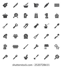 Kitchen utensils vector icons set, modern solid symbol collection, filled style pictogram pack. Signs logo illustration. Set includes icons as Cutting Board, Knife, Mixing Bowl, Measuring Cup, Blender