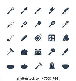 Kitchen utensils vector icons set in glyph style